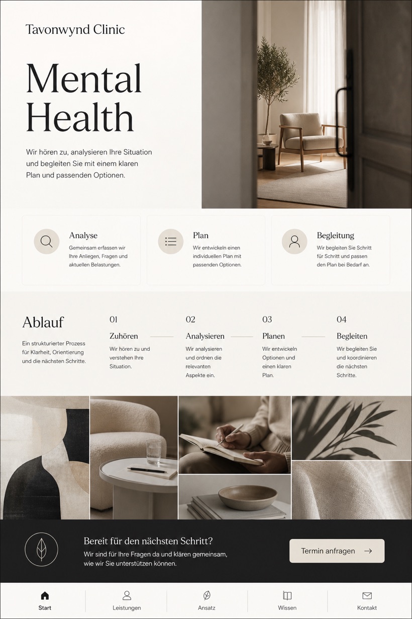 Healthcare website design for Germany, showing a clear opening, service information, supporting content, and a focused inquiry action.