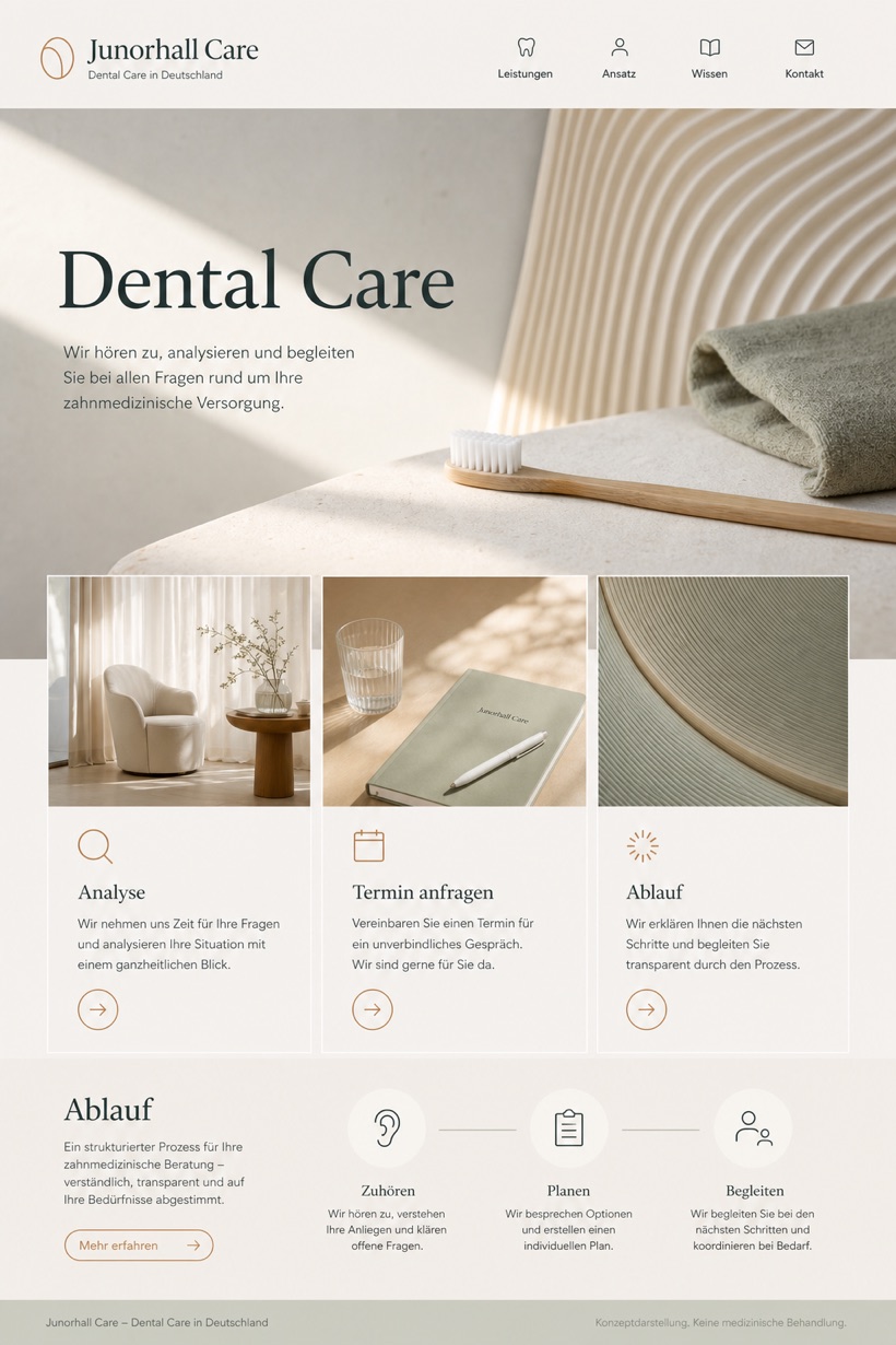 Healthcare website design for Germany, showing a clear opening, service information, supporting content, and a focused inquiry action.