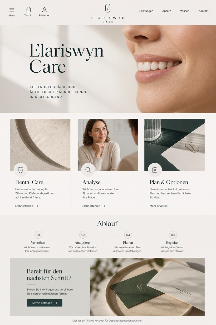 Healthcare website design for Germany, showing a clear opening, service information, supporting content, and a focused inquiry action.