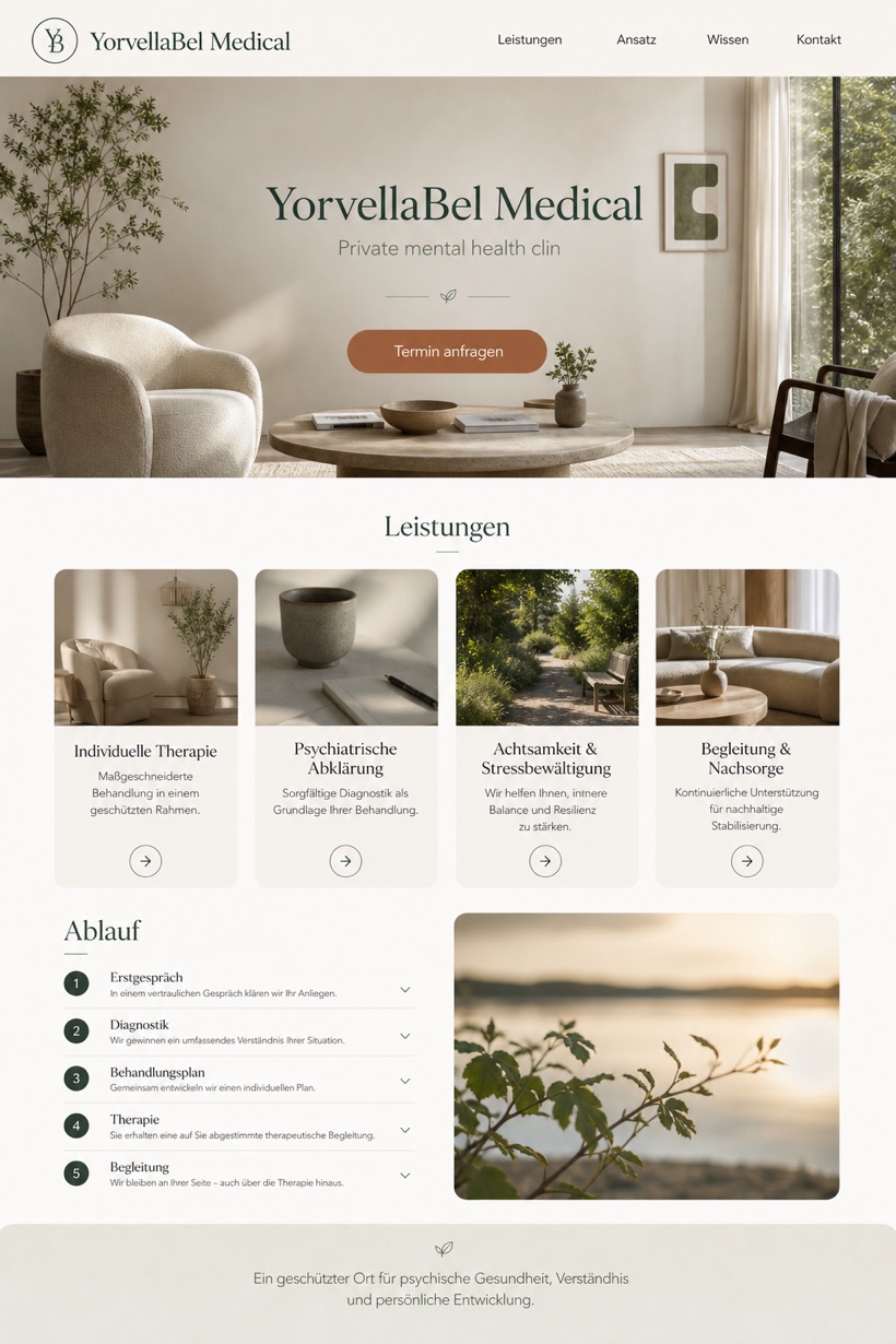 Healthcare website design for Germany, showing a clear opening, service information, supporting content, and a focused inquiry action.