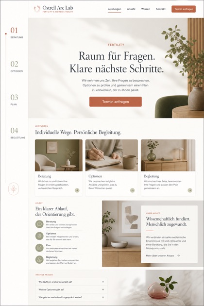 Healthcare website design for Germany, showing a clear opening, service information, supporting content, and a focused inquiry action.
