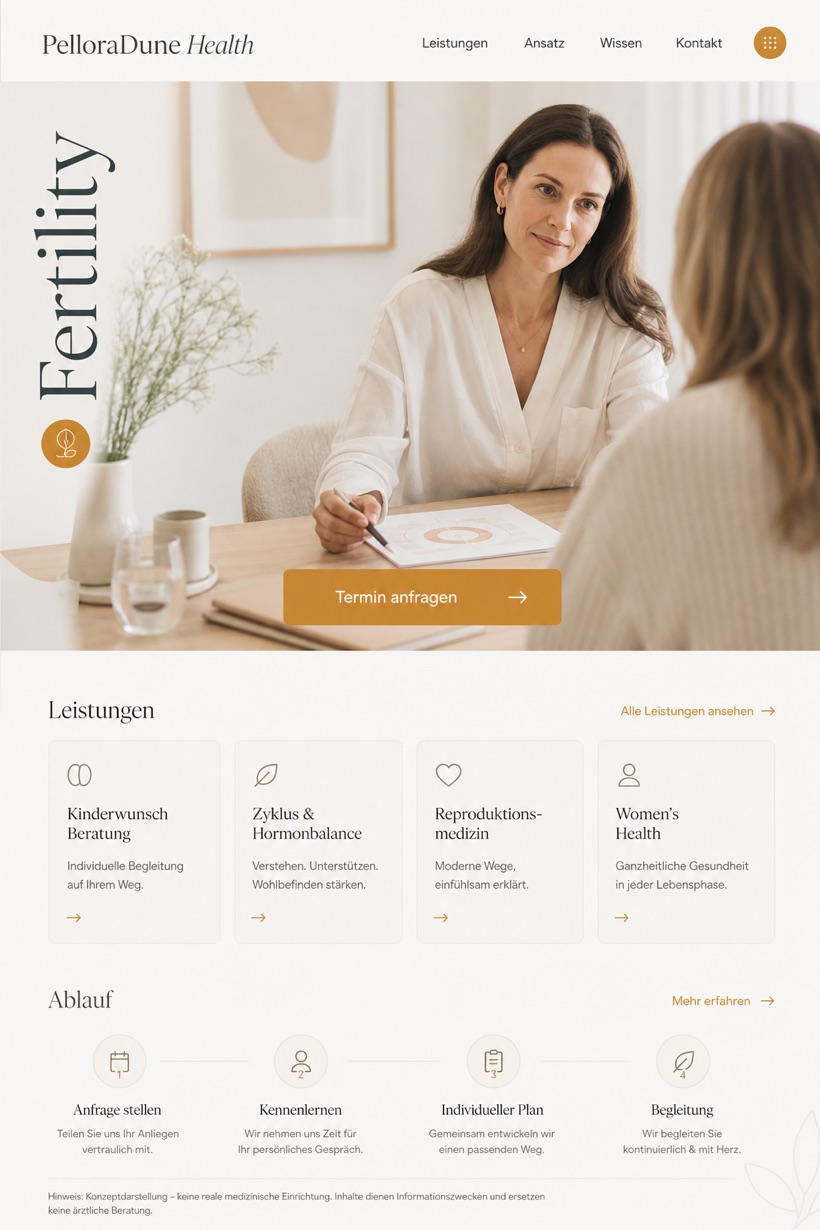 Healthcare website design for Germany, showing a clear opening, service information, supporting content, and a focused inquiry action.