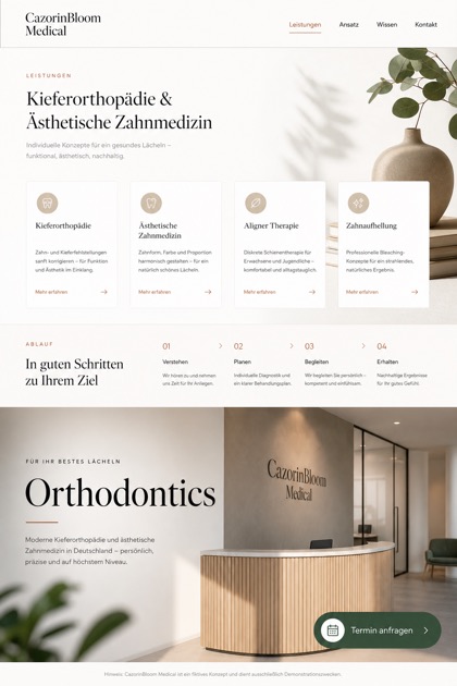Healthcare website design for Germany, showing a clear opening, service information, supporting content, and a focused inquiry action.