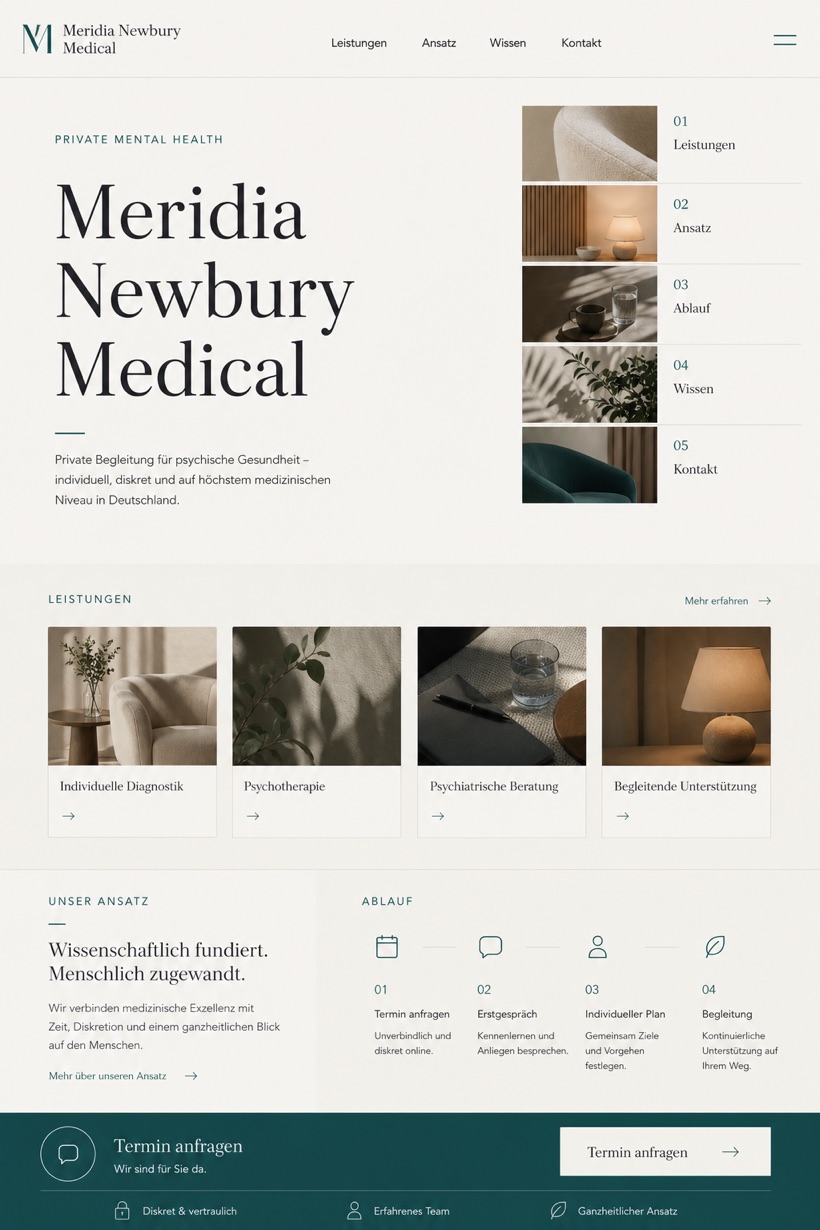 Healthcare website design for Germany, showing a clear opening, service information, supporting content, and a focused inquiry action.