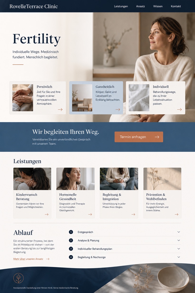 Healthcare website design for Germany, showing a clear opening, service information, supporting content, and a focused inquiry action.