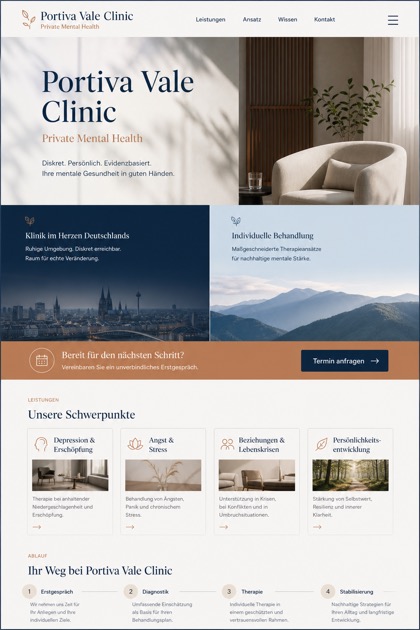 Healthcare website design for Germany, showing a clear opening, service information, supporting content, and a focused inquiry action.