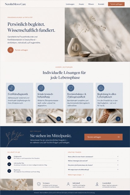 Healthcare website design for Germany, showing a clear opening, service information, supporting content, and a focused inquiry action.