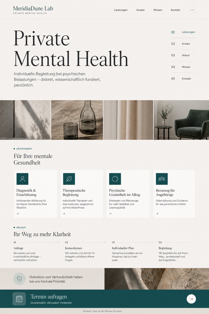 Healthcare website design for Germany, showing a clear opening, service information, supporting content, and a focused inquiry action.