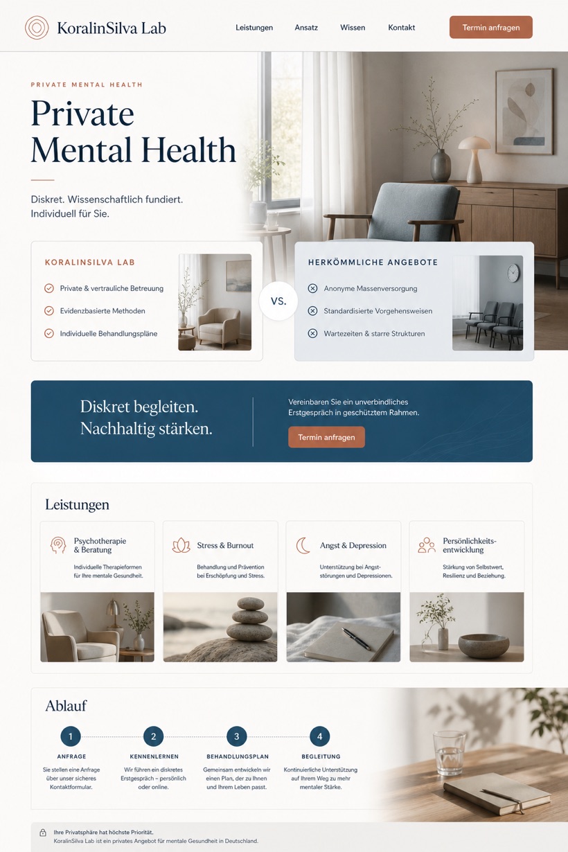 Healthcare website design for Germany, showing a clear opening, service information, supporting content, and a focused inquiry action.