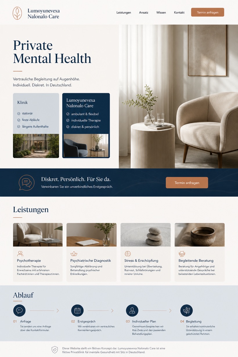 Healthcare website design for Germany, showing a clear opening, service information, supporting content, and a focused inquiry action.