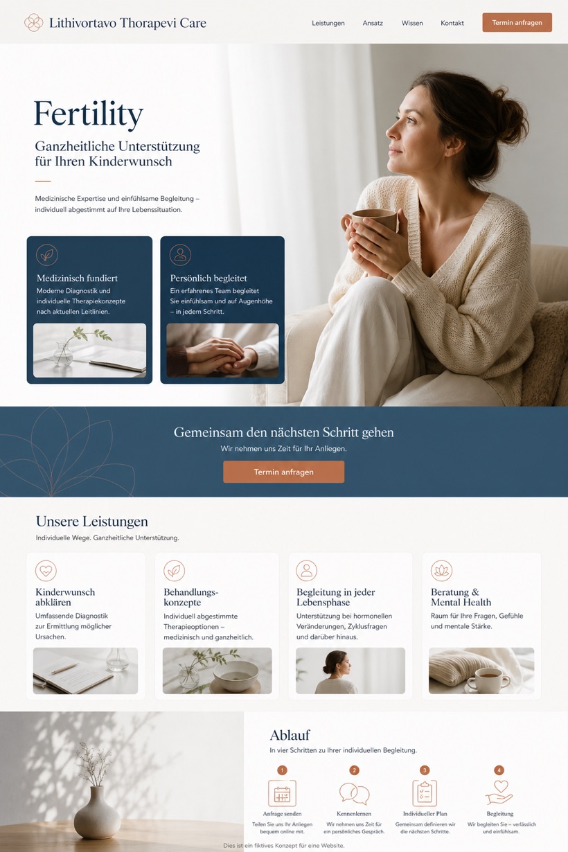 Healthcare website design for Germany, showing a clear opening, service information, supporting content, and a focused inquiry action.