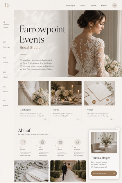 Weddings & Events website design for Germany, showing a clear opening, service information, supporting content, and a focused inquiry action.