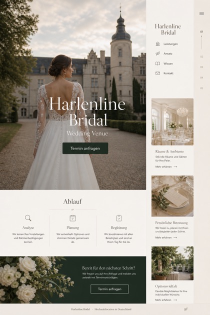 Weddings & Events website design for Germany, showing a clear opening, service information, supporting content, and a focused inquiry action.