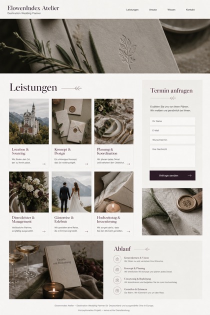 Weddings & Events website design for Germany, showing a clear opening, service information, supporting content, and a focused inquiry action.