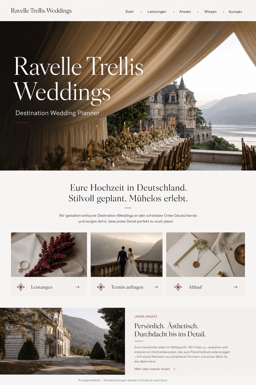 Weddings & Events website design for Germany, showing a clear opening, service information, supporting content, and a focused inquiry action.