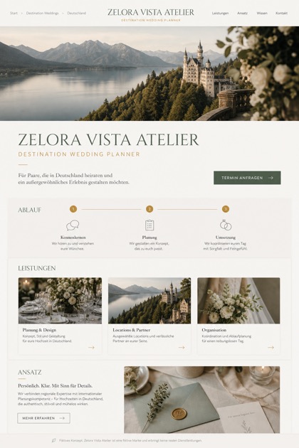 Weddings & Events website design for Germany, showing a clear opening, service information, supporting content, and a focused inquiry action.