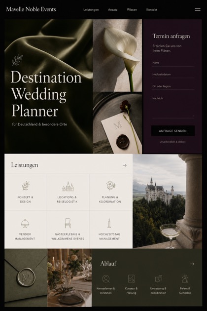 Weddings & Events website design for Germany, showing a clear opening, service information, supporting content, and a focused inquiry action.