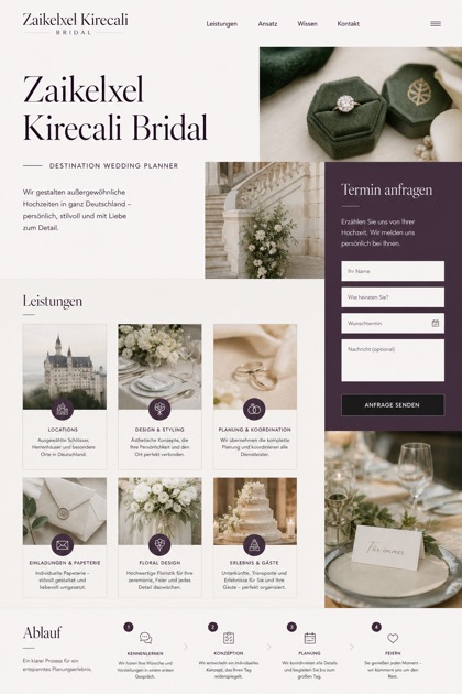 Weddings & Events website design for Germany, showing a clear opening, service information, supporting content, and a focused inquiry action.