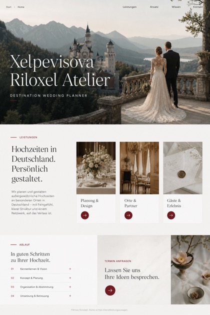 Weddings & Events website design for Germany, showing a clear opening, service information, supporting content, and a focused inquiry action.