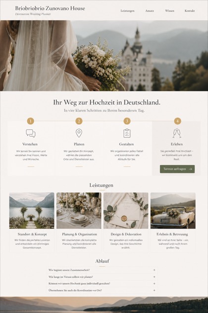 Weddings & Events website design for Germany, showing a clear opening, service information, supporting content, and a focused inquiry action.