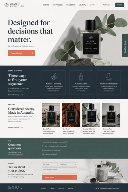 Fictional Alder Circuit Lab Niche fragrance brand website design showcase in a 2:3 layout with service sections, FAQ, and inquiry action