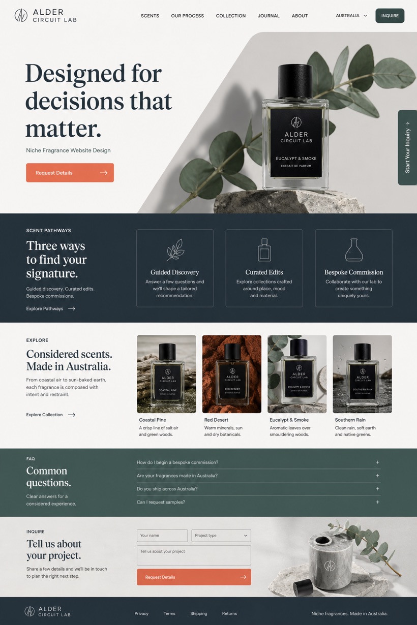 Fictional Alder Circuit Lab Niche fragrance brand website design showcase in a 2:3 layout with service sections, FAQ, and inquiry action