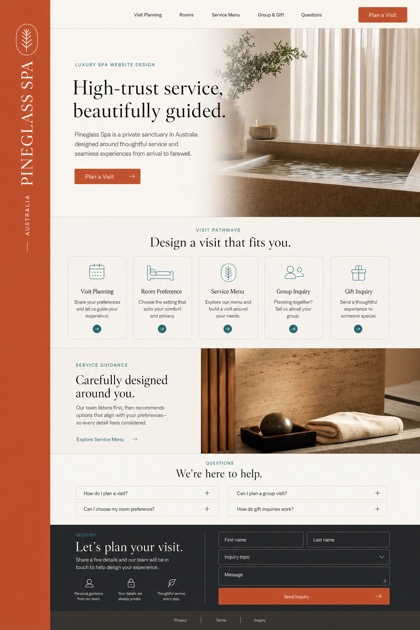 Fictional Pineglass Spa Luxury spa website design showcase in a 2:3 layout with service sections, FAQ, and inquiry action