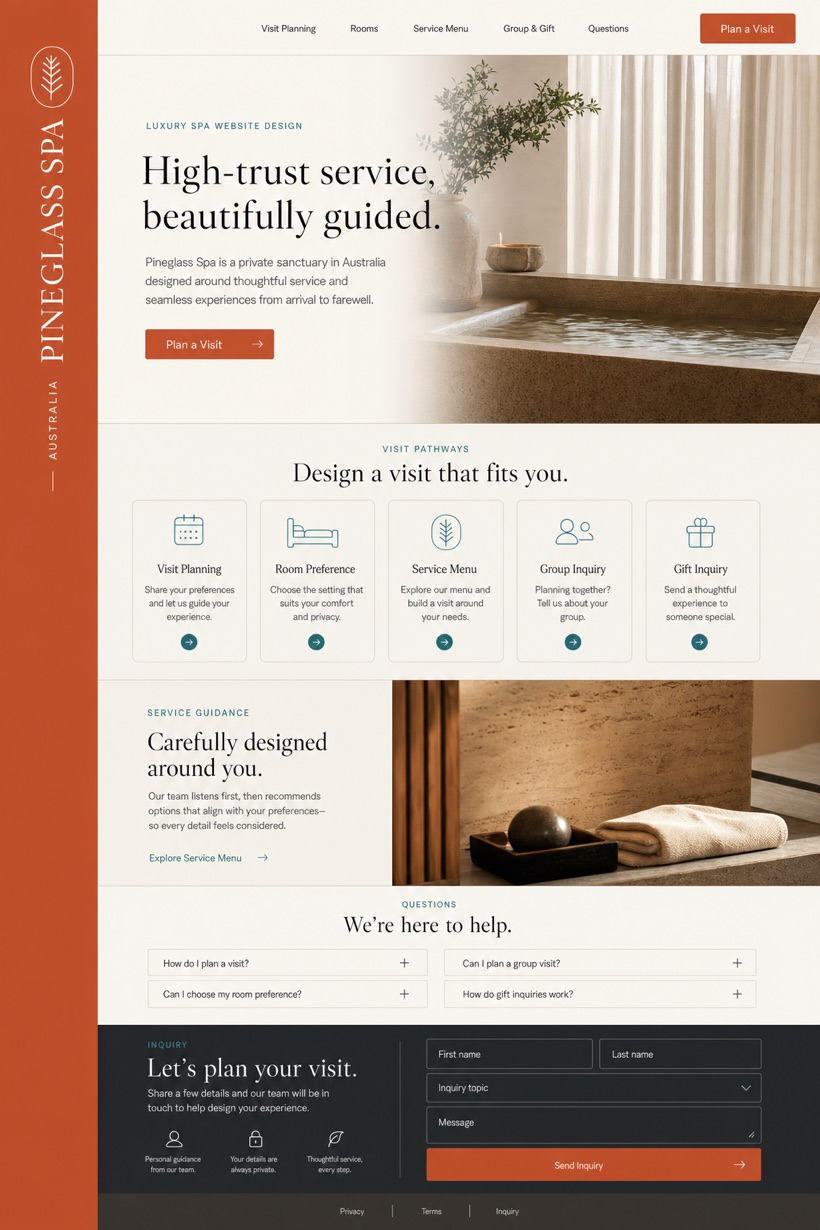 Fictional Pineglass Spa Luxury spa website design showcase in a 2:3 layout with service sections, FAQ, and inquiry action