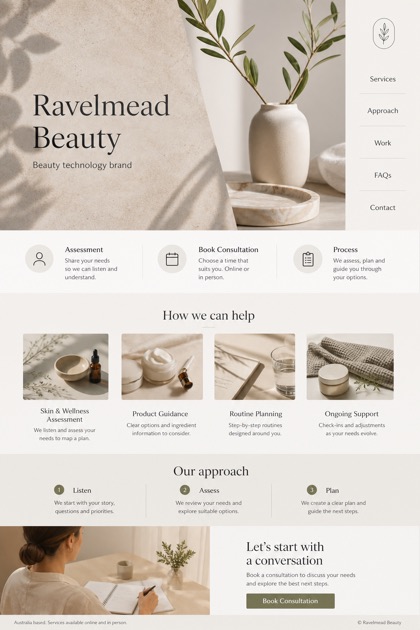 Beauty & Wellness website design for Australia, showing a clear opening, service information, supporting content, and a focused inquiry action.