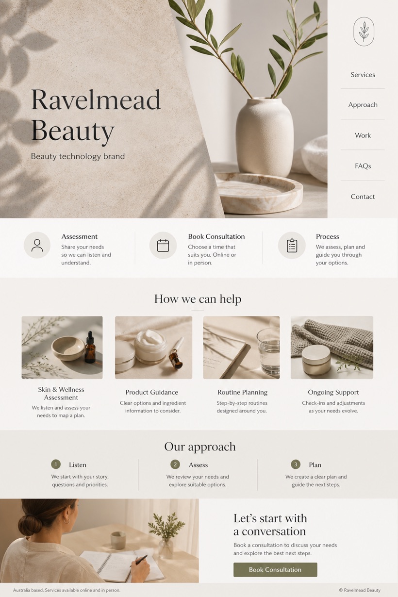 Beauty & Wellness website design for Australia, showing a clear opening, service information, supporting content, and a focused inquiry action.
