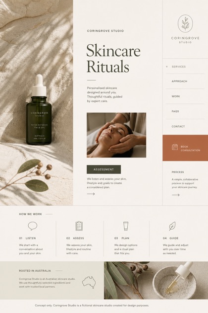 Beauty & Wellness website design for Australia, showing a clear opening, service information, supporting content, and a focused inquiry action.