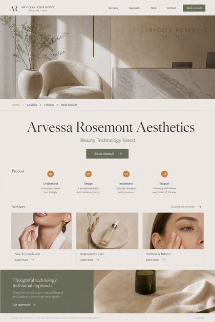 Beauty & Wellness website design for Australia, showing a clear opening, service information, supporting content, and a focused inquiry action.