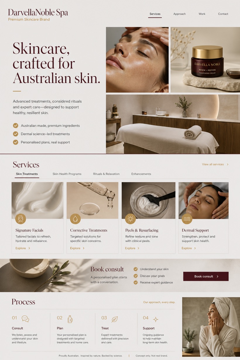 Beauty & Wellness website design for Australia, showing a clear opening, service information, supporting content, and a focused inquiry action.
