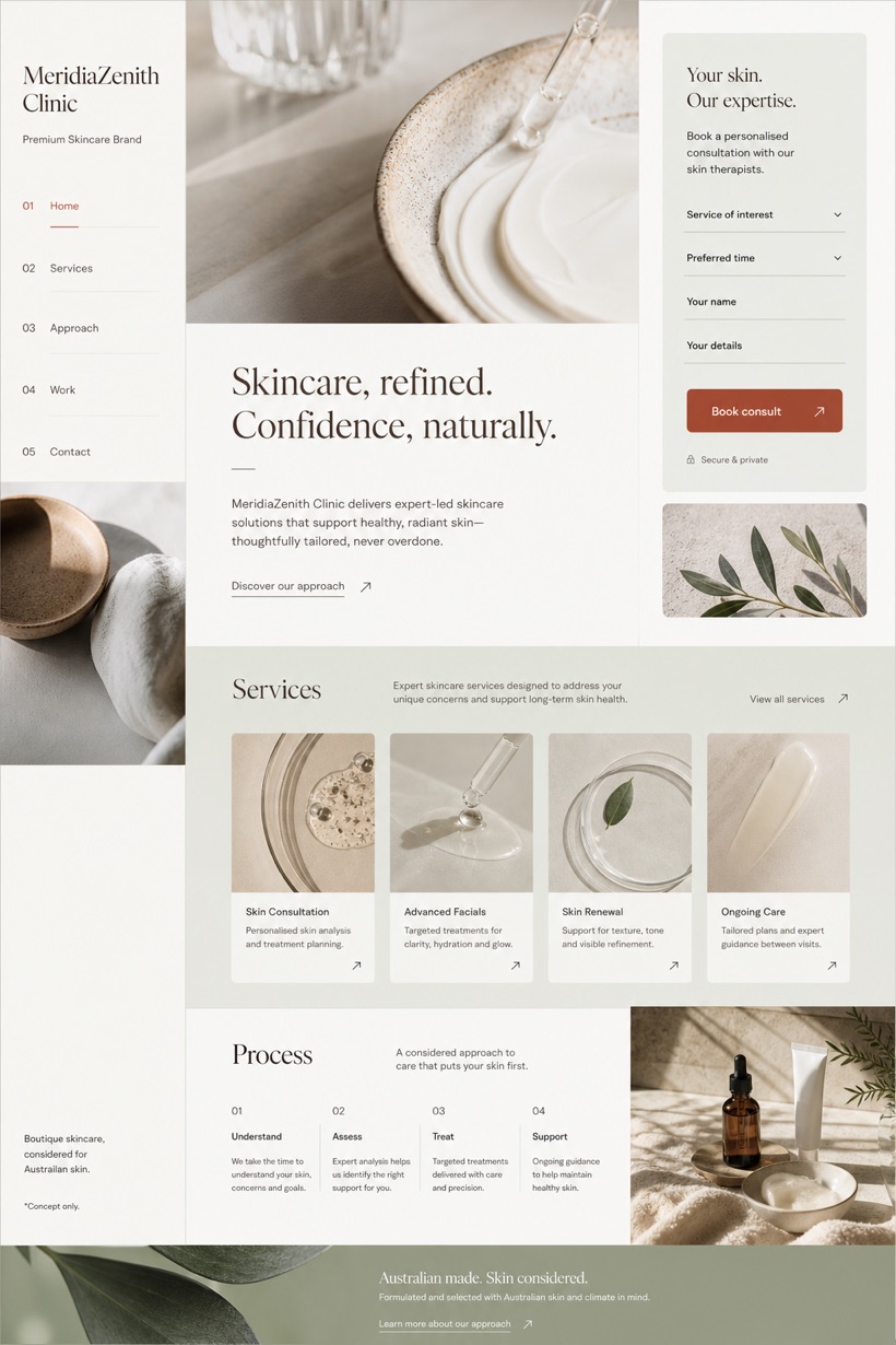 Beauty & Wellness website design for Australia, showing a clear opening, service information, supporting content, and a focused inquiry action.