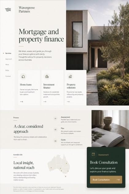 Finance website design for Australia, showing a clear opening, service information, supporting content, and a focused inquiry action.