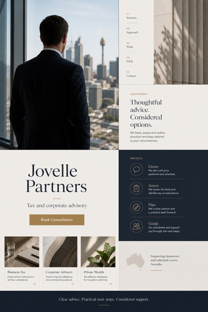 Finance website design for Australia, showing a clear opening, service information, supporting content, and a focused inquiry action.