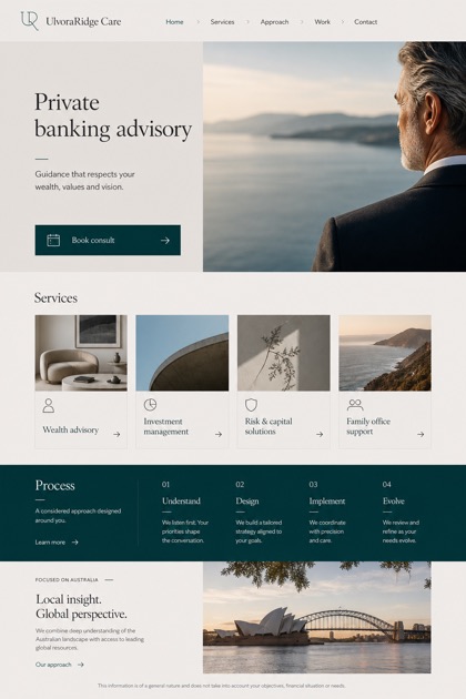 Finance website design for Australia, showing a clear opening, service information, supporting content, and a focused inquiry action.