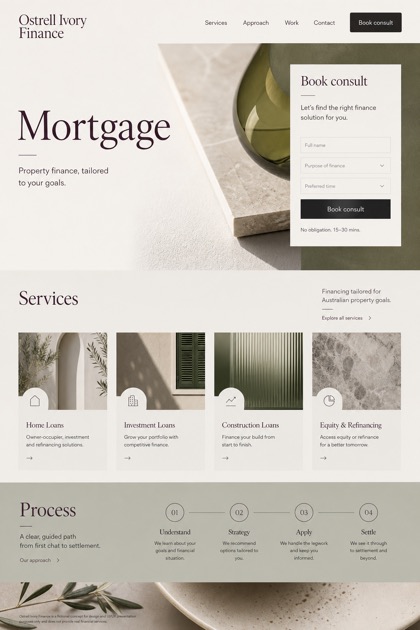 Finance website design for Australia, showing a clear opening, service information, supporting content, and a focused inquiry action.