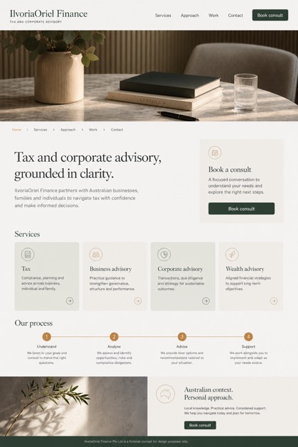 Finance website design for Australia, showing a clear opening, service information, supporting content, and a focused inquiry action.