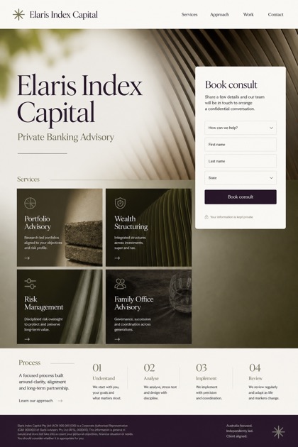 Finance website design for Australia, showing a clear opening, service information, supporting content, and a focused inquiry action.