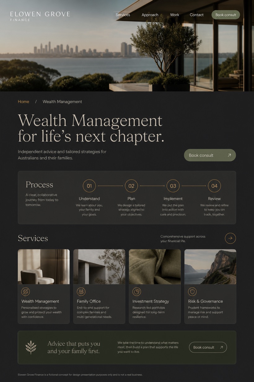 Finance website design for Australia, showing a clear opening, service information, supporting content, and a focused inquiry action.