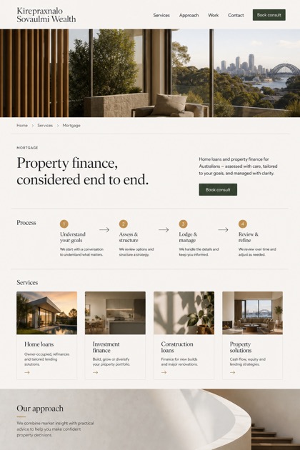 Finance website design for Australia, showing a clear opening, service information, supporting content, and a focused inquiry action.