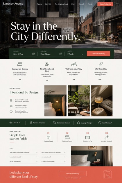 Fictional Laneway August Design-led city hotel website design showcase with a complete 2:3 page layout, service sections, practical information, and contact action