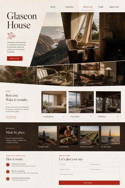 Hospitality website design for Australia, showing a clear opening, service information, supporting content, and a focused inquiry action.