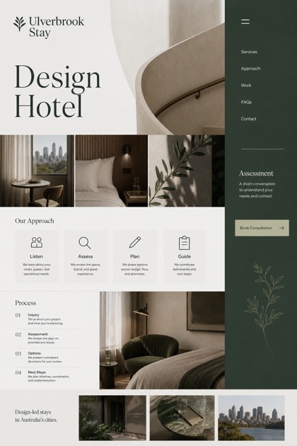 Hospitality website design for Australia, showing a clear opening, service information, supporting content, and a focused inquiry action.