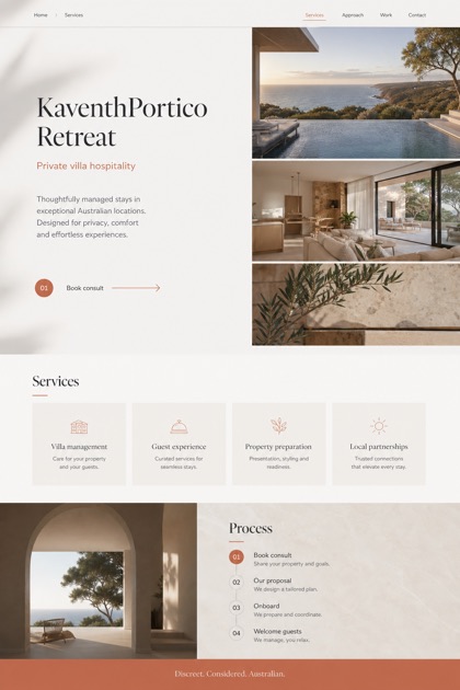 Hospitality website design for Australia, showing a clear opening, service information, supporting content, and a focused inquiry action.