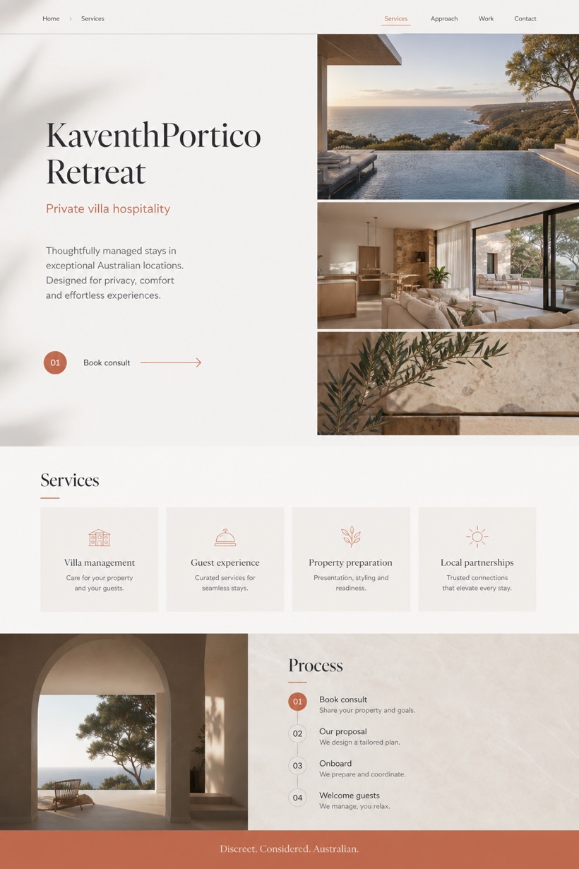 Hospitality website design for Australia, showing a clear opening, service information, supporting content, and a focused inquiry action.