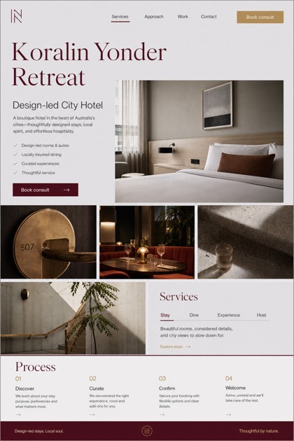 Hospitality website design for Australia, showing a clear opening, service information, supporting content, and a focused inquiry action.