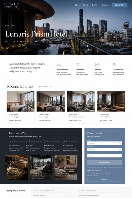 Hospitality website design for Australia, showing a clear opening, service information, supporting content, and a focused inquiry action.