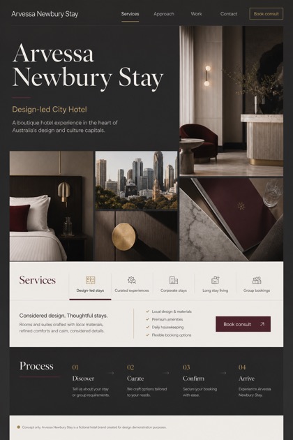 Hospitality website design for Australia, showing a clear opening, service information, supporting content, and a focused inquiry action.
